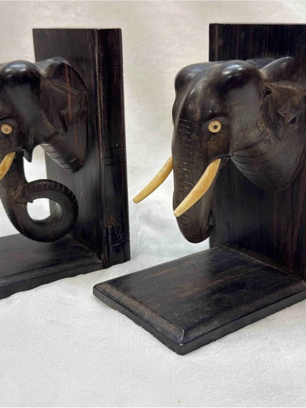 Ebony Hand-Carved Black Elephant Head Bookends - Decorative Wall Accent
